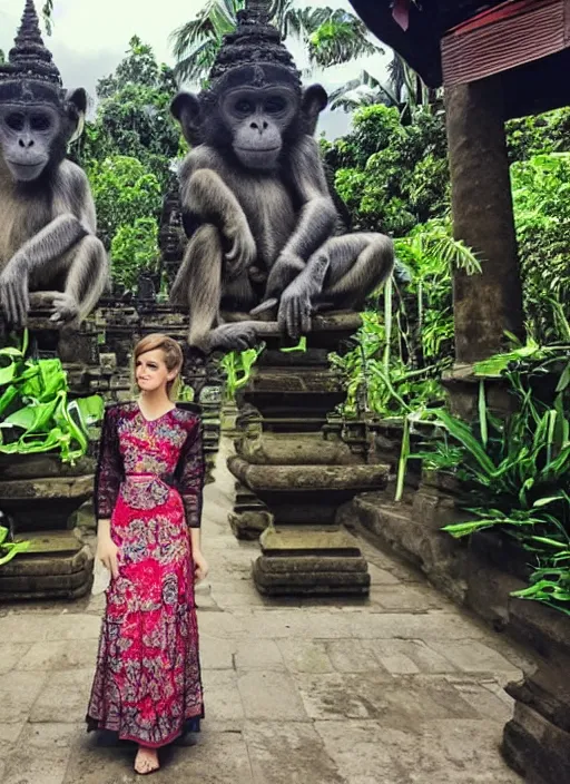 Prompt: emma watson wearing traditional kebaya bali in bali. iconic monkey place in bali. front view. instagram holiday photo shoot, perfect faces, 1 0 mm