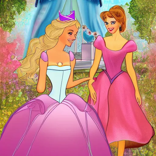 Prompt: digital art illustration of a princess tea party with aurora, belle, and cinderella