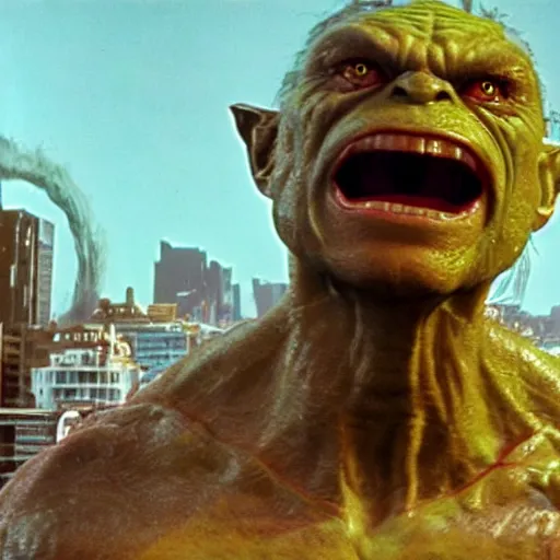 Image similar to A singular creature mix between Hulk and Gollum fighting robots, center frame medium shot, shot on technicolor cinemascope 35mm anamorphic lense, flare, still from a movie