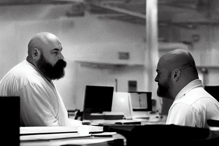 Prompt: heavyset bald man wearing a white shirt and genes working in a nuclear silo control room by Roger Deakins