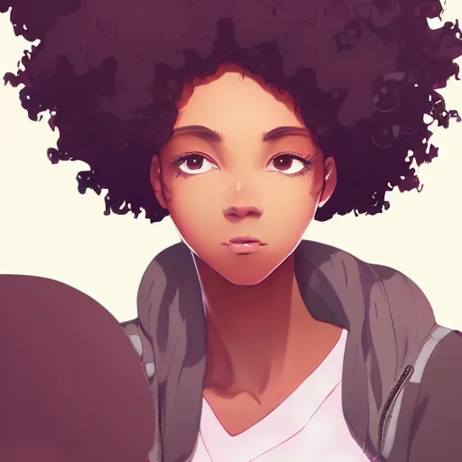 Image similar to a beautiful woman with afro hair african american skin , dark brown hair and tan skin, dark brown eyes, city landscape, 4k, anime key visual, lois van baarle, ilya kuvshinov, rossdraws, artstation