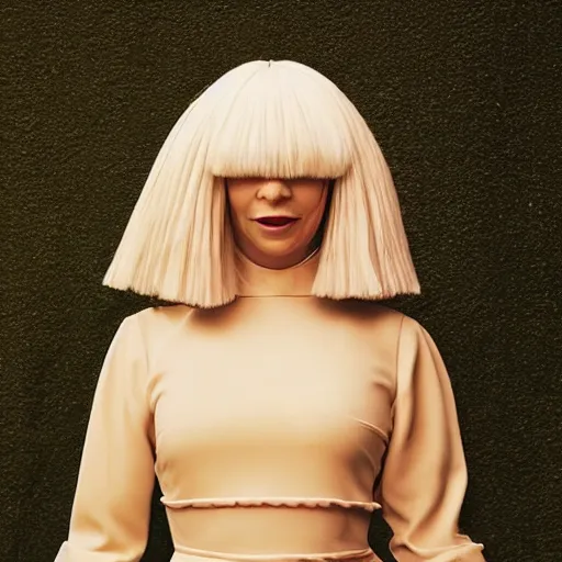 Prompt: Sia furler photoshoot wearing a dress full body puffy wig