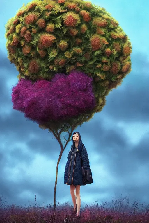 Image similar to portrait of giant flower head, a girl with coat between bushes, surreal photography, wind and cold, dramatic sky, impressionist painting, digital painting, artstation, simon stalenhag