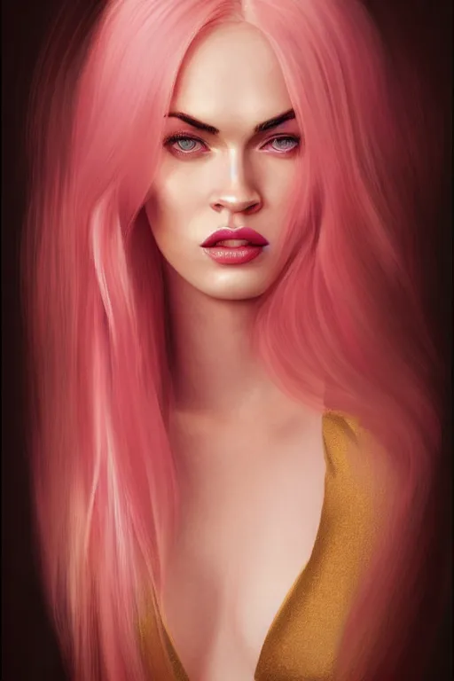 Image similar to Portrait of a beautiful pale skin Nordic female megan fox with long pink hair, elegant, photorealistic, highly detailed, artstation, smooth, sharp focus, gold ornaments, neon lighting, sci-fi, art by Klimt