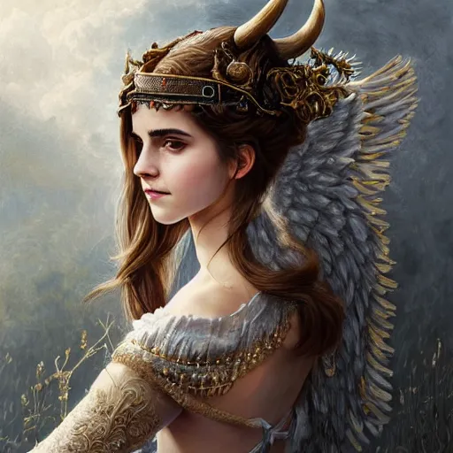 Image similar to A masterpiece ultrarealistic ultradetailed portrait of a Incredibly beautiful Emma Watson as angel princess with Royal Tevton Knight Skull Full Iron Closed Helmet with Big Iron Bull Horns . baroque renaissance girl in the night forest. medium shot, intricate, elegant, highly detailed. trending on artstation, digital art, by Stanley Artgerm Lau, WLOP, Rossdraws, James Jean, Andrei Riabovitchev, Marc Simonetti, Yoshitaka Amano. background by James Jean and Gustav Klimt, light by Julie Bell, 4k, porcelain skin.