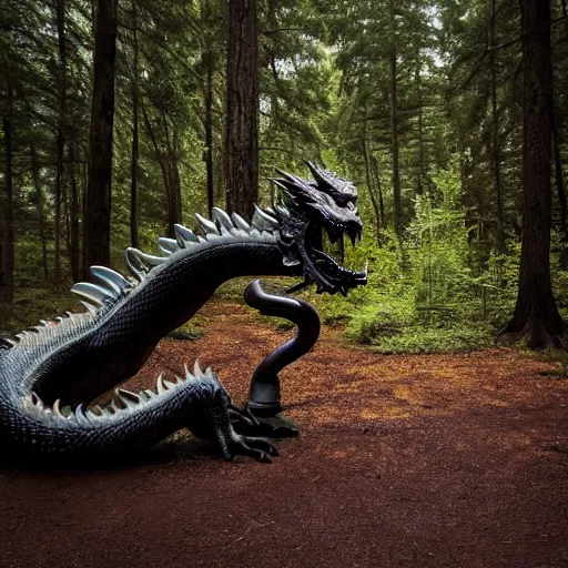 Image similar to dragon coming out of an oil spring, photograph taken in a dark forest