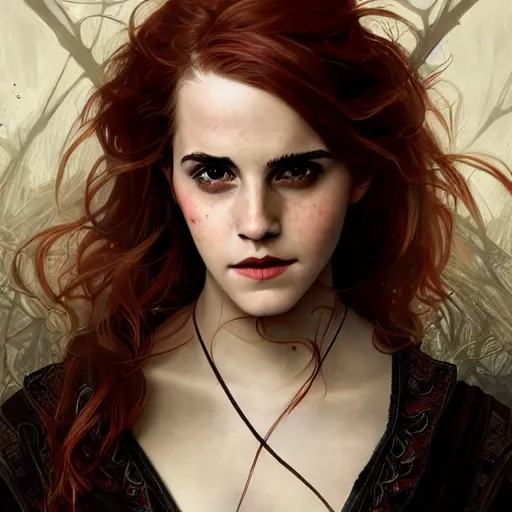 Prompt: a beautiful portrait of emma watson as a red haired vampire sorceresses, leather armor, d & d, fantasy, intricate, elegant, highly detailed, digital painting, artstation, concept art, matte, sharp focus, illustration, art by greg rutkowski and alphonse mucha