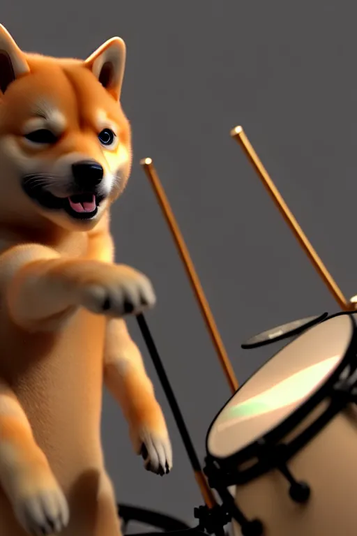 Image similar to high quality 3 d render very cute cyborg shiba inu plays drums!, cyberpunk highly detailed, unreal engine cinematic smooth, in the style of blade runner & pixar, hannah yata charlie immer, moody light, low angle, uhd 8 k, sharp focus