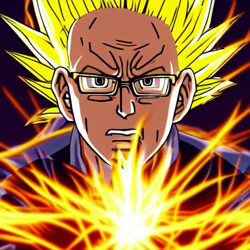 Image similar to portrait of Bernie Sanders from dragon ball z with glowing golden aura flying over a desert field, super saiyan 3, yellow spiky hair, digital art