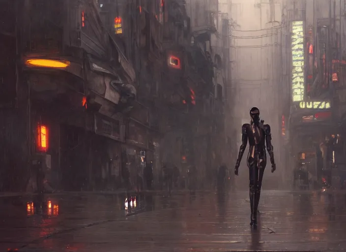 Image similar to blade runner with four robotic legs ( blade runner 2 0 4 9, dystopian, cyberpunk 2 0 7 7 character design ). orientalist portrait by john william waterhouse and james gurney and theodore ralli and nasreddine dinet, oil on canvas. cinematic, hyper realism, realistic proportions, dramatic lighting, high detail 4 k