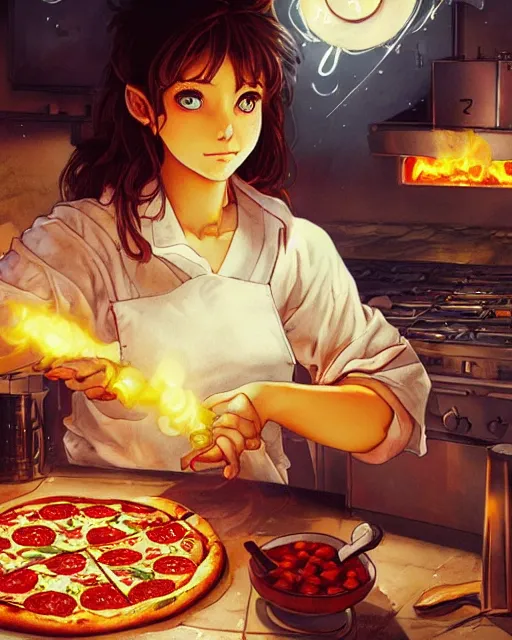Image similar to a girl cooking a pizza, full shot, visible face, ambient lighting, detailed, art by ayami kojima, makoto shinkai, kilian eng