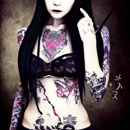 Image similar to japanese gothic model with maximalist hair style and kanji tattoos, dark colors, fashion model, portrait shot, depth of field, 8 k, hyper detailed, intricate, trending on artstation