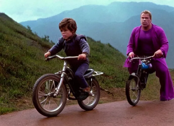 Image similar to film still of thanos riding a small childrens bike down a steep mountain road in the goonies 1 9 8 5