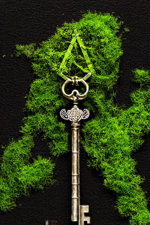 Image similar to mysterious intricate key of death, partially covered by moss and algae, on a perfectly black background, cgsociety