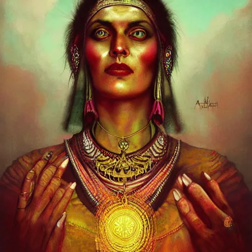 Image similar to old Indian majestic lady, looking upwards with hands clasped, despair, pink and gold, mystic, by Anato Finnstark, Tom Bagshaw, Brom