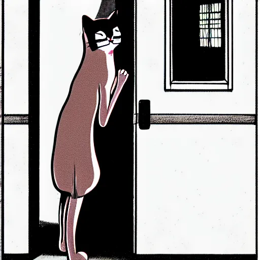 Image similar to illustration of a cat meowing in front of a door. creepy horror. manga art by Junji Ito.