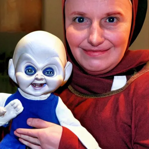 Image similar to a nun in church holding chucky the evil killer doll on her lap