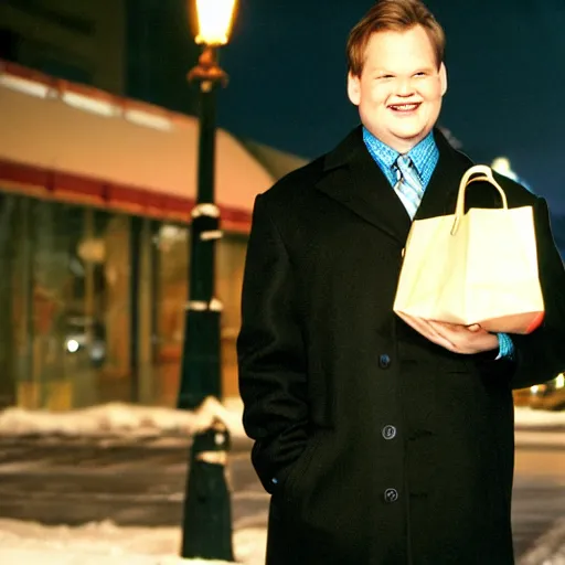 Image similar to 1 9 9 8 andy richter wearing a black wool coat and necktie standing on the streets of chicago at night in winter, holding shopping bags, dynamic lighting, holiday season.