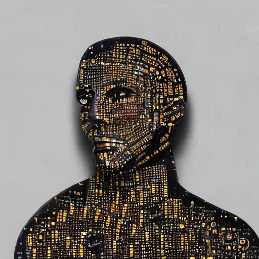 Prompt: Closeup portrait of a person constructed from circuit boards, circuitry, digital concept art, dark background, LED lights