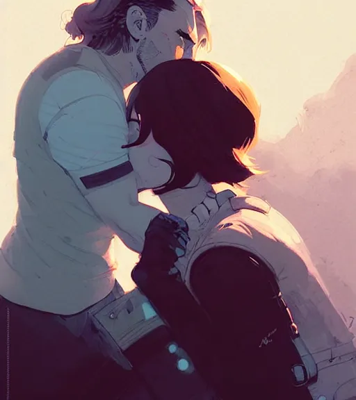 Image similar to portrait of bucky kissing natasha by atey ghailan, by greg rutkowski, by greg tocchini, by james gilleard, by joe fenton, by kaethe butcher, dynamic lighting, gradient light blue, brown, blonde cream and white color scheme, grunge aesthetic