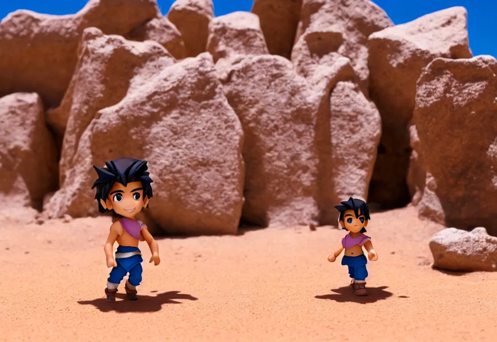 Image similar to side view of young aladdin as nendoroid walking in a desert village, 8 k, hd, dof, kodak film,