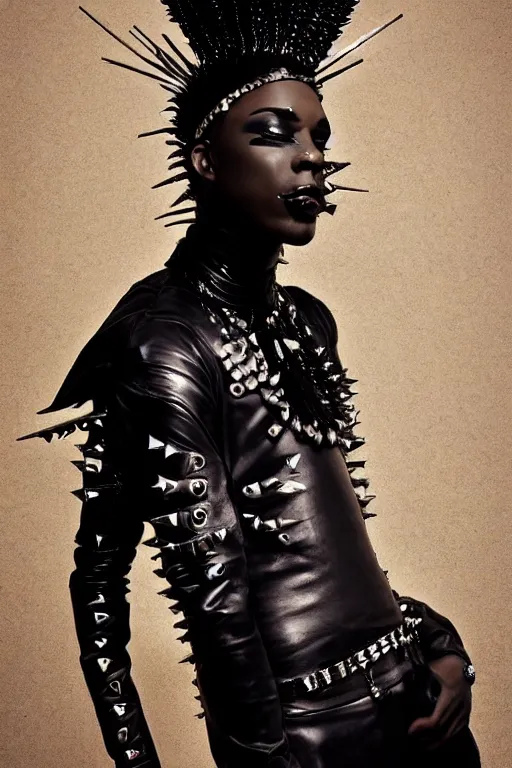 Image similar to a black african genderqueer person in a black leather outfit with spikes on their head, a high fashion character portrait by christen dalsgaard, featured on behance, gothic art, androgynous, genderless, gothic