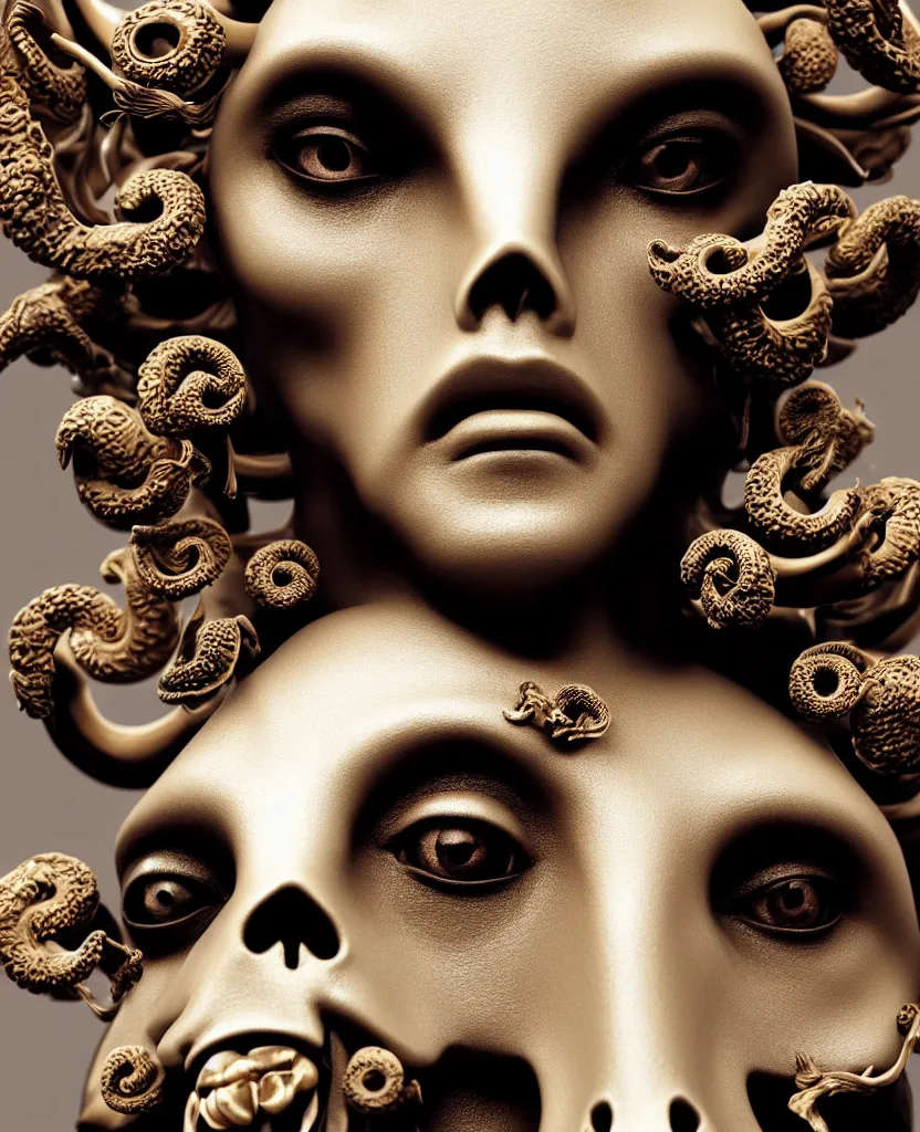 Image similar to goddess princess face close-up portrait ram skull. sculpture made of black clay and gold. jellyfish phoenix head, nautilus, orchid, skull, betta fish, bioluminiscent creatures, intricate artwork by Tooth Wu and wlop and beeple. octane render, trending on artstation, greg rutkowski very coherent symmetrical artwork. cinematic, hyper realism, high detail, octane render, 8k