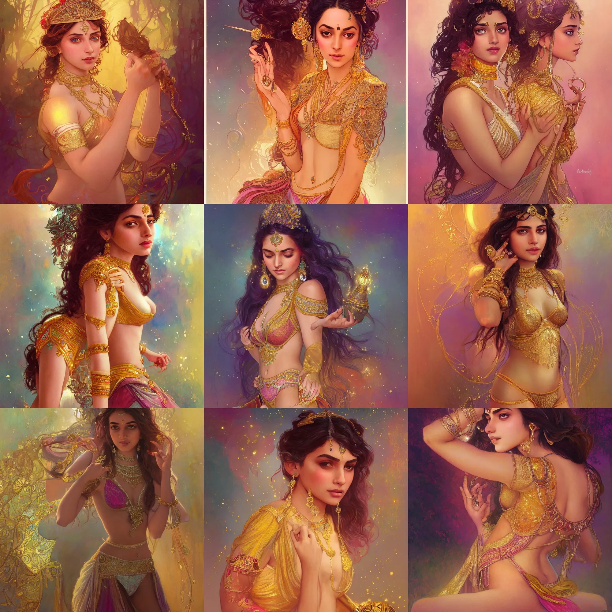 Prompt: beautiful alluring indian princess with sparkling eyes, full body portrait, highly detailed, gold intricate underwear, fantasy, soft cinematic lighting, award, disney concept art, watercolor illustration by mandy jurgens and alphonse mucha and alena aenami, pastel color palette, featured on artstation