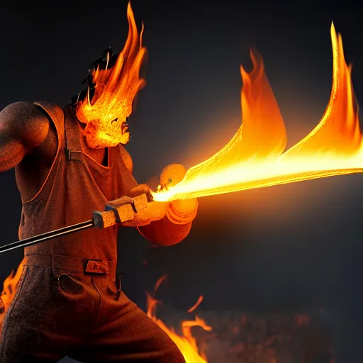 Prompt: a blacksmith fighting his forge the forge flames are shaped like a dragon, high particle count, highly reflective, fire, smoke, misty, high quality render, realistic lighting, muscular