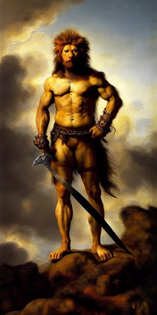 Prompt: muscular lion as barbarian hunter with chest armor long hair oversized muscle and shiny sword , full human oversized mutant proportions hairy body , backlight body , extreme very textured detailed panoramic portrait oil painting by rembrandt, sunset, dramatic clouds and cyan atmosphere