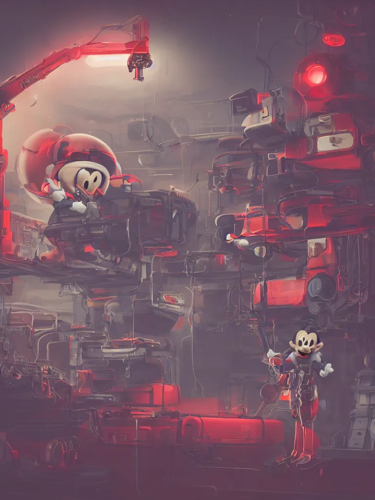 Image similar to graphic art of dystopian futuristic 1 0 mechanic surgeons in space suits, operate on a huge mickeymouse!! severedhead!!!! held by a crane. ominous glowing red netflix!!! sign in the background, trending on art station, beeple!!, clean concept art, smooth, octane render