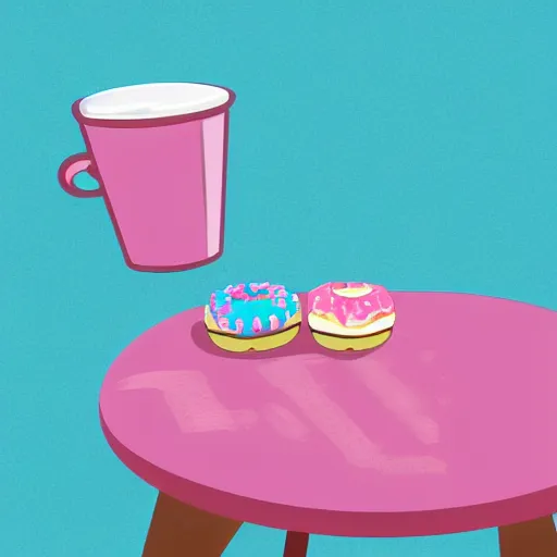 Prompt: pink coffee cup full of donuts, blue pig sitting in chair, ultra realistic, 8 k