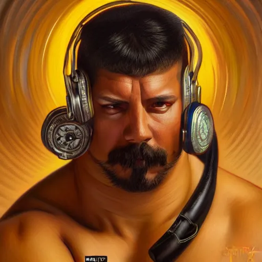 Image similar to portrait of vladimir putid as lucha libre dj, muscular, headphones, thick golden ring around the neck, fantasy, intricate, elegant, highly detailed, digital painting, artstation, concept art, smooth, sharp focus, illustration, art by artgerm and greg rutkowski and alphonse mucha