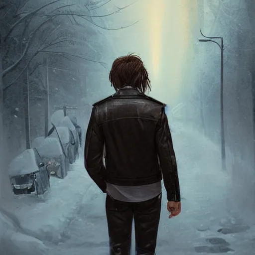 Prompt: by alexander trufanov by artgerm by simon stalenhag young man from back pacing lowering head dressed in short leather bomber jacket to empty narrow alley with street lamps in park with pines to the horizon,, with hands in pockets, snowfall at night, mullet long haircut, black hairs, cinematic, dramatic, detailed, realistic, movie shot, low lighting