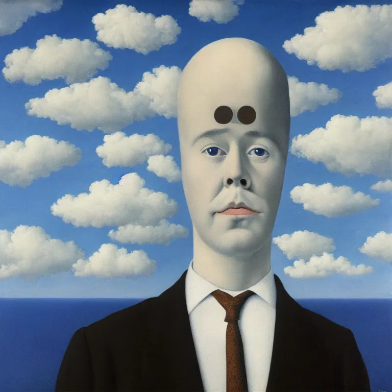 Image similar to portrait of a ghost in a suit, clouds in the background, by rene magritte, detailed painting, distance, middle centered, hd, hq, high resolution, high detail, 4 k, 8 k