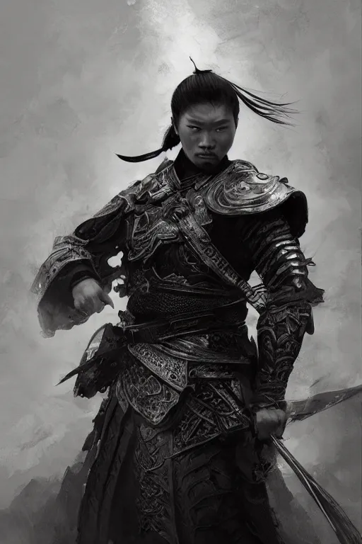 Image similar to chinese warrior, portrait, fierce, intricate, elegant, black and white volumetric lighting, scenery, digital painting, highly detailed, artstation, sharp focus, illustration, concept art, ruan jia, steve mccurry