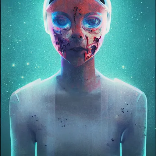 Image similar to portrait of a zombie astronaut girl, colorful, modern art deco, mads berg, karolis strautniekas, christopher balaskas, stippled light, fog, moody, fine texture, editorial illustration, dramatic lighting, dynamic composition, detailed, matte print, dynamic perspective, muted color