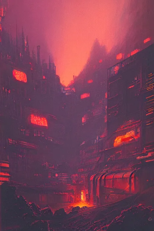 Image similar to a cyberpunk city in the crater of a volcano, lava flowing, smoke, fire, neon, industrial, by paul lehr