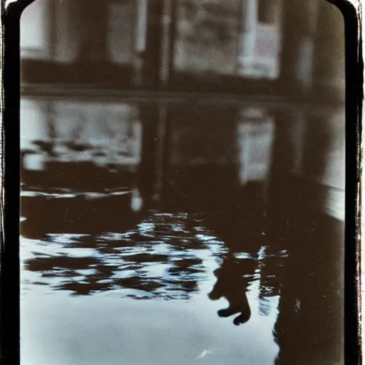 Image similar to wide-shot very low-angle eyesight reflection of a cat in the puddle at the street in Moscow, polaroid photo, by Andy Warhol, signed