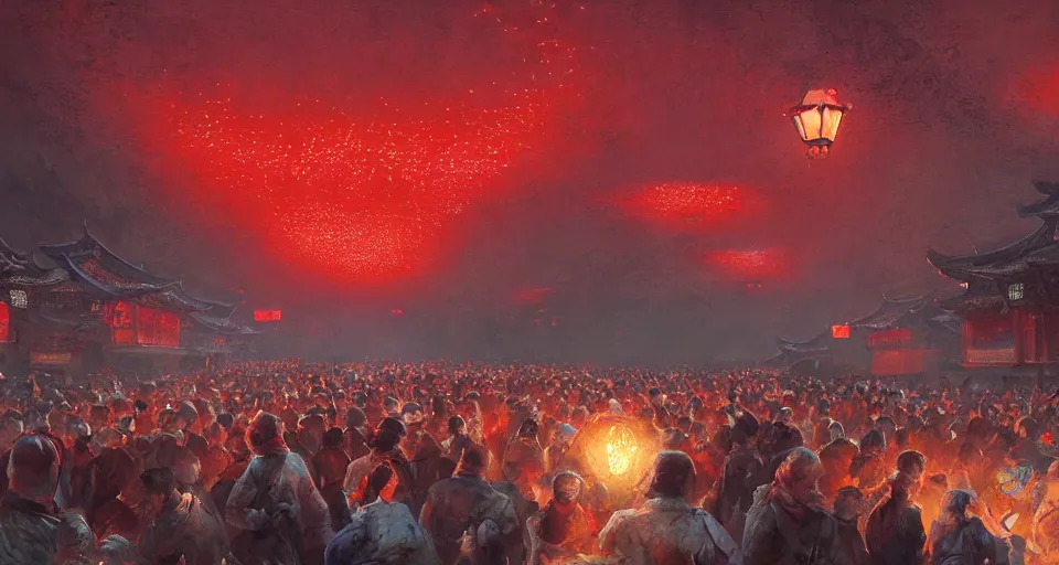 Prompt: craig mullins and ghibli digital art of zhongyuan festival in china ， red lanterns in the sky, black night sky, stars, below is the crowd, rivers, villages ， unreal engine, hyper realism, realistic shading, cinematic composition, realistic render, octane render, detailed textures, photorealistic, wide shot