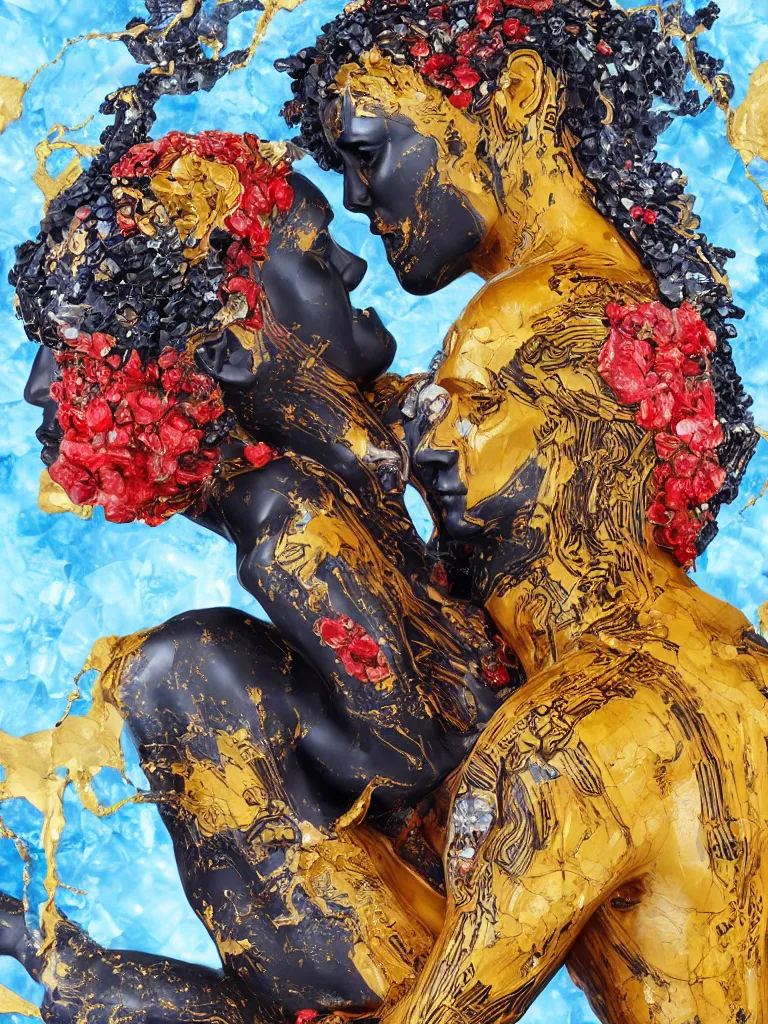 Prompt: the embrace of love compassion and touch, symmetrical fractured dark obsidian greek statue of a beautiful tribal couple, yellow gemstones, ice sunflowers, lightblue acrylic paintdrip tar, mangeta smoke red light, repaired with kintsugi, glitches, rendered in octane trending on cgsociety. extremely detailed and intricate art, corruption, sleek, hugs