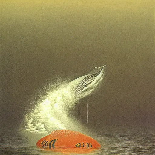 Image similar to salmon jumping out of a river by zdzisław beksinski