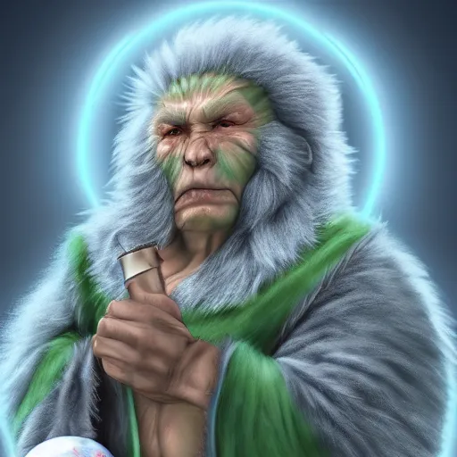 Image similar to Digital art portrait of a half-orc druid, wearing a long grey fur robe and holding a sphere of magical blue water 4k