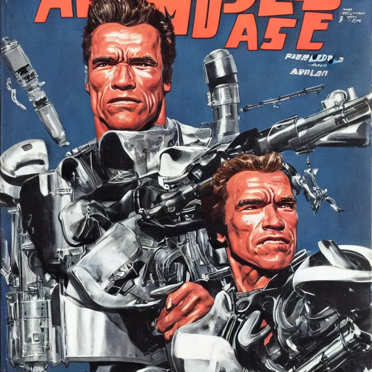 Image similar to scifi portrait of Arnold Schwarzenegger by Robert McGinnis, pulp comic style, circa 1958, photorealism