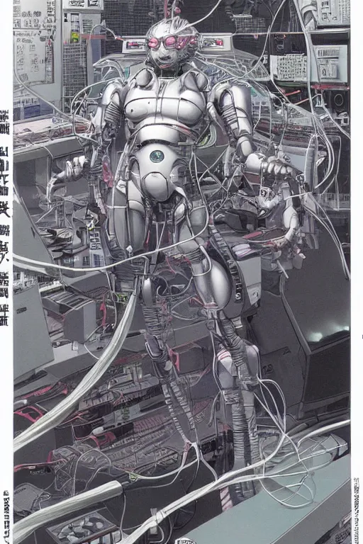 Image similar to beautiful hyperdetailed cyberpunk anime illustration of a feline robot lying in the lab with wires and cables coming out of his head and back, by moebius, masamune shirow and katsuhiro otomo