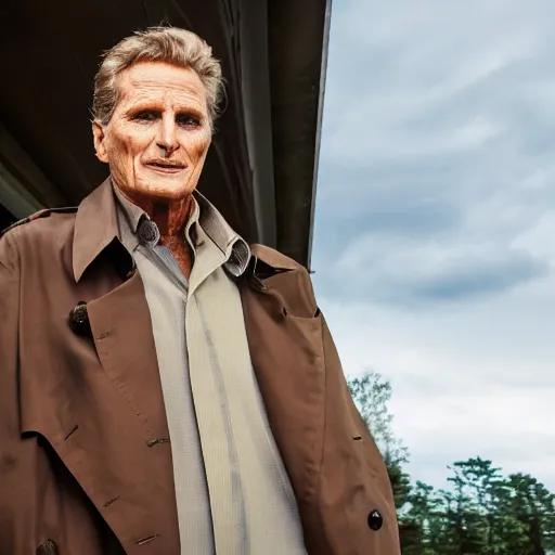 Image similar to robert stack wearing a trench coat unsolved mysteries solving the mystery of the missing jelly sandwich 2 0 0 1, ( sony a 7 r iv, symmetric balance, polarizing filter, photolab, lightroom, 4 k, dolby vision, photography awardm, voque, perfect face )