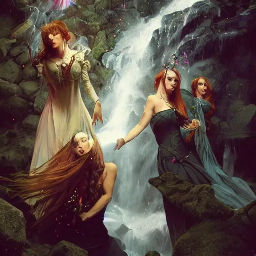 Prompt: an extremely detailed portrait of four polyamorous witches dancing in a cavern behind a waterfall, epic fantasy, viewed in profile from far away, sharp focus, detailed face, art by greg rutkowski and alphonse mucha, volumetric lighting, 4 k resolution, trending on artstation, masterpiece