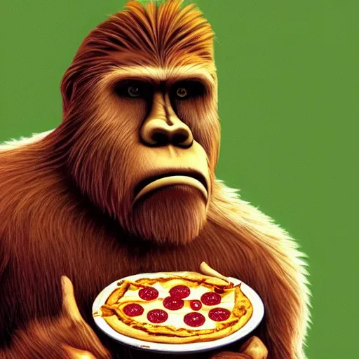 Image similar to bigfoot smoking weed while eating pizza