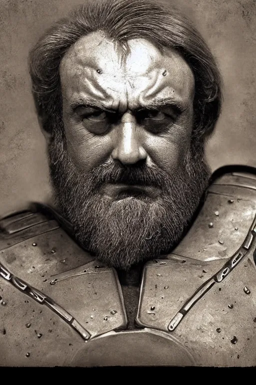 Image similar to man - at - arms from masters of the universe, portrait, full body, symmetrical features, silver iodide, 1 8 8 0 photograph, sepia tone, aged paper, sergio leone, master prime lenses, cinematic