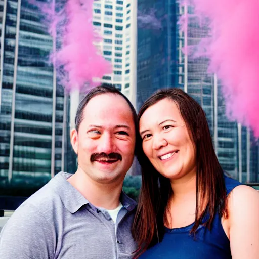 Prompt: a close up of a smiling couple of parents to be, in front of 9 / 1 1 with pink smoke, 8 5 mm, clear details, award winning